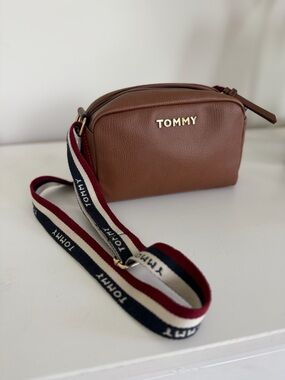 Tommy Brown Leather Crossbody Bag with Striped Strap